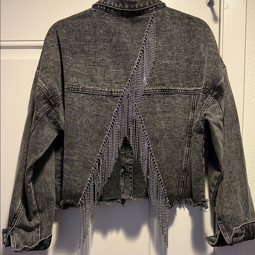 Stylish Black Denim Jacket with Rhinestone Fringe Detail